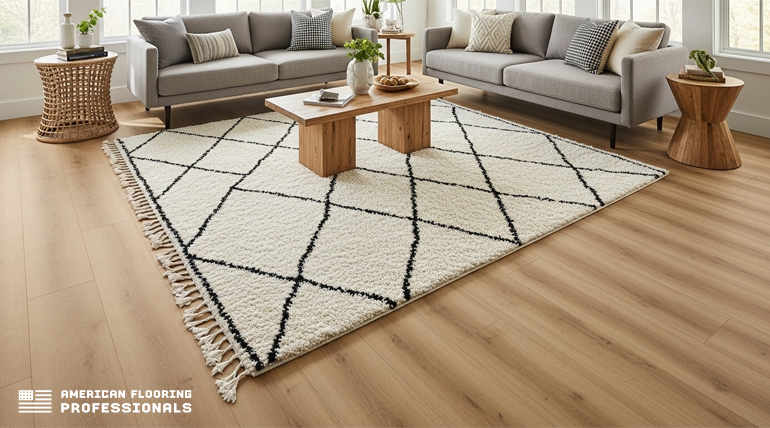 A large, light-colored area rug with a black diamond pattern and tasseled edges lies on a light wood-look vinyl floor in a modern living room. Two grey sofas with throw pillows face each other, with a rectangular wooden coffee table between them on the rug. To the left, a round wicker side table holds a plant and books. To the right, a wooden hourglass-shaped side table holds another plant. Natural light streams in from windows on the left. The bottom left corner features the logo "AMERICAN FLOORING PROFESSIONALS"