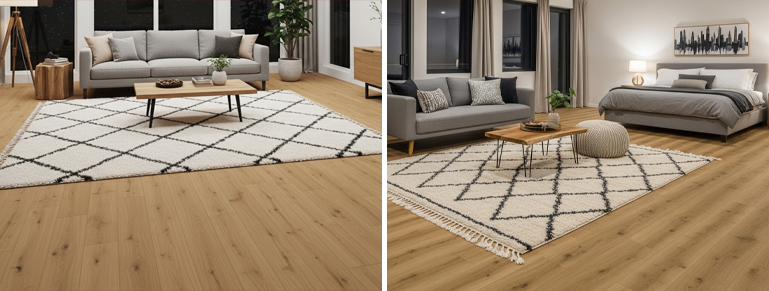 A large, light-colored area rug with a black diamond pattern and tasseled edges lies on a light wood-look vinyl floor in a modern living room. Two grey sofas with throw pillows face each other, with a rectangular wooden coffee table between them on the rug. To the left, a round wicker side table holds a plant and books. To the right, a wooden hourglass-shaped side table holds another plant. Natural light streams in from windows on the left. The bottom left corner features the logo "AMERICAN FLOORING PROFESSIONALS"