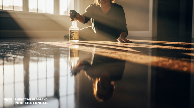 Professional Vinyl floor cleaning with sunlight reflecting off polished surface, featuring spray bottle and deep shine by American Flooring Professionals.
