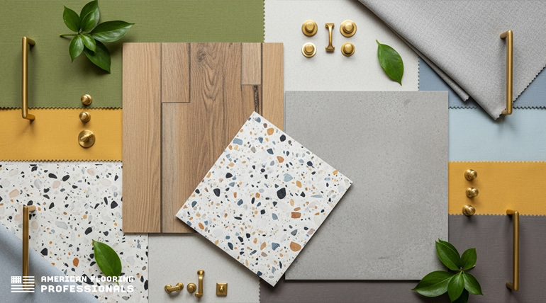 "Flat lay of interior design samples featuring wood flooring, terrazzo tile, and neutral fabric swatches, surrounded by gold hardware and green leaves, with American Flooring Professionals' logo in the corner