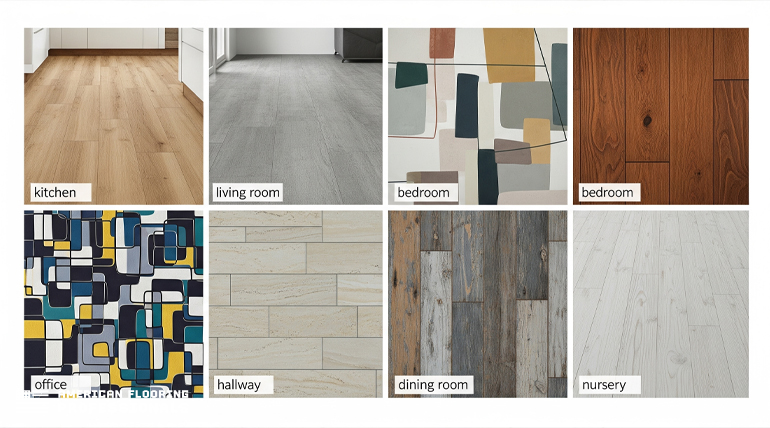 A collage of eight images showcasing different flooring options suitable for various rooms, with labels indicating their intended use. From top left, clockwise: light wood flooring in a kitchen, light gray wood-look flooring in a living room, a patterned rug in a bedroom, rich brown hardwood in a bedroom, light wood-look flooring in a nursery, distressed wood flooring in a dining room, rectangular tile flooring in a hallway, and a retro-patterned rug in an office. The collage demonstrates the versatility of flooring choices for home interior design.