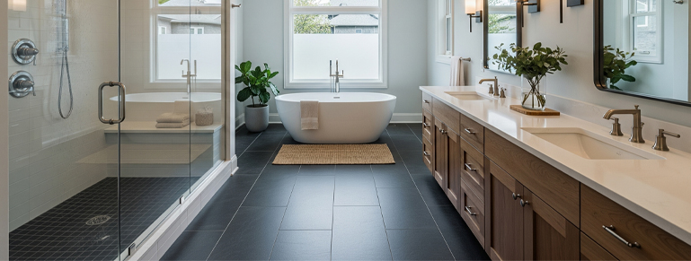 A spacious, modern bathroom featuring dark gray tiled floors and light gray walls. On the left, a large glass-enclosed shower with black mosaic floor tiles is visible. In the center, a white freestanding oval bathtub sits beneath a frosted window, with a woven mat in front. To the right, a long wooden vanity with two sinks, white countertops, and brushed brass fixtures extends across the wall, topped by two large mirrors and sconces. A potted plant adds a touch of greenery.