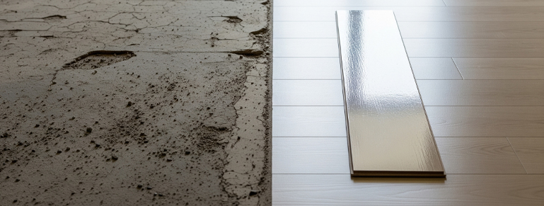 Transición de suelo: una imagen dividida verticalmente que muestra un suelo de hormigón rugoso y desgastado a la izquierda, contrastando con un suelo laminado de madera clara recién instalado y brillante a la derecha. Una tabla de suelo laminado con la parte inferior plateada brillante está colocada en la unión entre ambos, simbolizando el proceso de instalación o renovación del suelo.