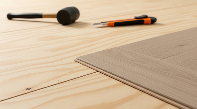 Instalación de suelo laminado con herramientas: una vista de cerca de una tabla de suelo laminado beige sobre un subsuelo de madera clara, con un mazo de goma negro y un cúter naranja y negro desenfocados en el fondo. La imagen muestra los materiales y herramientas básicos para la instalación de suelos, destacando la textura de la madera y la preparación para el trabajo.