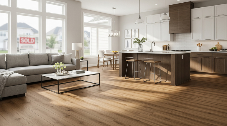 A spacious open-plan space with a 'SOLD' sign outside. The image shows a modern integrated living room and kitchen. In the foreground, a comfortable gray sectional sofa and a marble coffee table with a vase of flowers. Light wood flooring extends throughout the space, including a contemporary kitchen with white and dark wood cabinets, an island with stools, and a dining area in the background. Large windows allow natural light to flood in, and a red 'SOLD' sign is visible through one of them.
