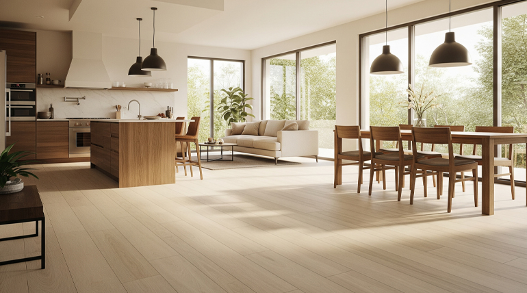 Open-concept kitchen and living room with natural light, showcasing a modern and spacious light wood-colored vinyl plank (LVP) floor. The image highlights the aesthetic value and interior design.