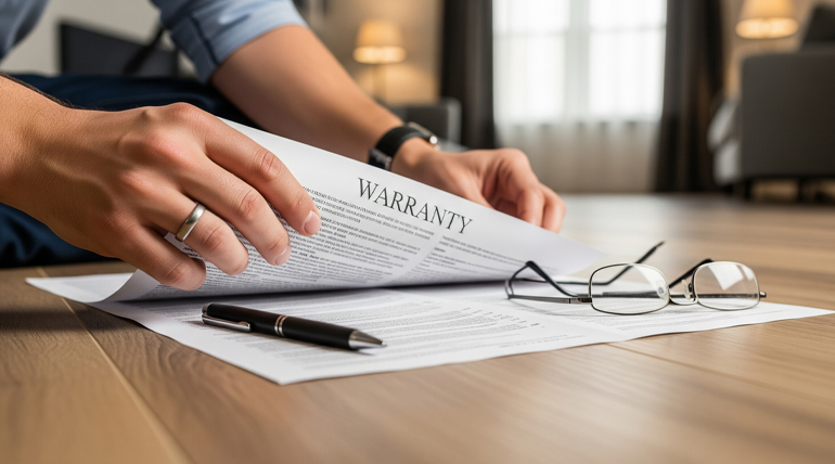 Close-up of male hands reading a document with the word "WARRANTY" printed at the top, while sitting on a wood-look vinyl floor. A black pen and reading glasses are on the paper.