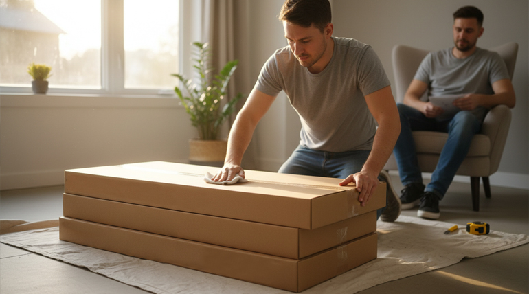 A man kneeling, inspecting or cleaning the tops of three stacked boxes of wooden or laminate flooring planks, while another man checks a document in the background.