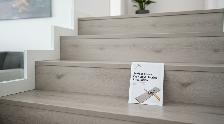 Close-up of a newly installed modern staircase with light grey wood-look vinyl or laminate flooring, with a leaflet or manual entitled 'Perfect Stairs: Easy Vinyl Flooring Installation' resting on a step.