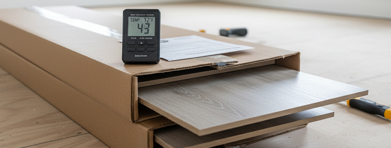 Close-up of a box of light gray laminate or vinyl flooring planks, with a digital humidity and temperature meter showing 72 degrees Fahrenheit and 43% ambient humidity.