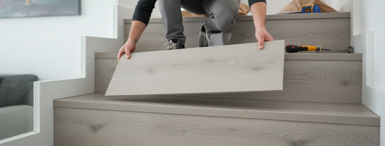 A worker kneeling and installing light gray wood-textured laminate or vinyl flooring planks on the steps of a modern interior staircase.