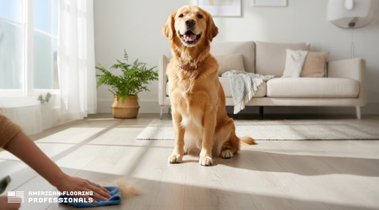 Easy cleaning of dog hair on light wood laminate flooring in a modern and bright room.