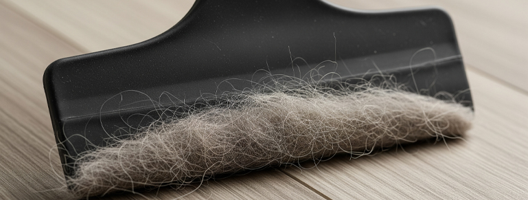Close-up of a rubber brush collecting a large amount of pet hair on a laminate wood floor.