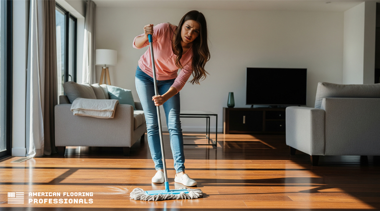 Frustrated woman mopping a stained hardwood floor in a sunny living room.