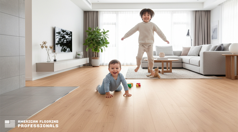 Sturdy, child-safe vinyl flooring in a bright minimalist room, American Flooring Professionals brand.