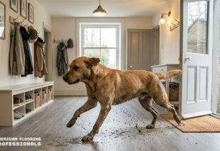 Installation of engineered wood flooring in a home entrance, demonstrating resistance to stains and pet dirt by American Flooring Professionals