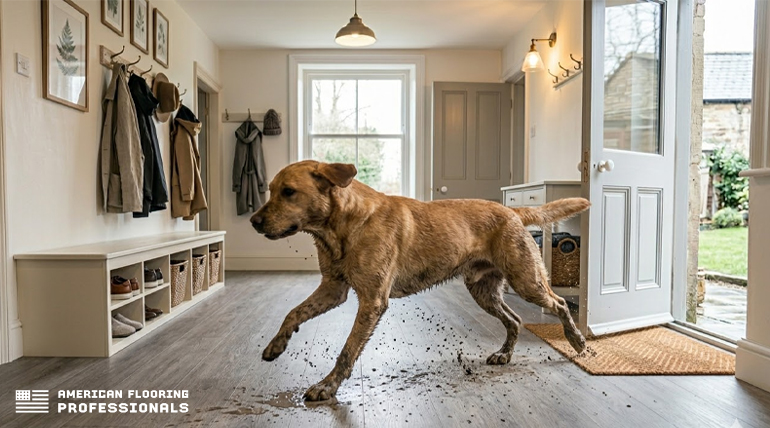 Installation of engineered wood flooring in a home entrance, demonstrating resistance to stains and pet dirt by American Flooring Professionals