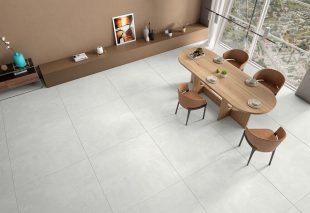 Large format tile floor dining area