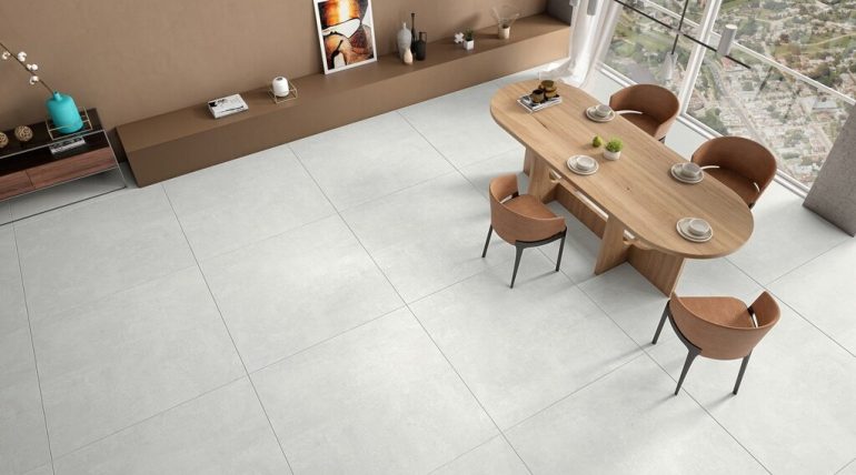 Large format tile floor dining area