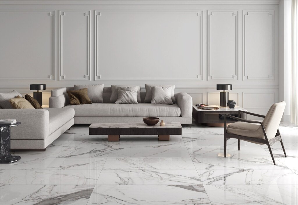 Marble look porcelain tile living room