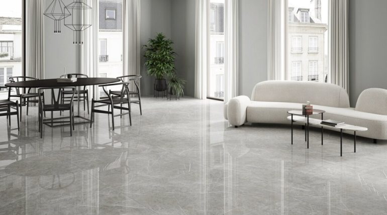 Polished porcelain tile floor dining